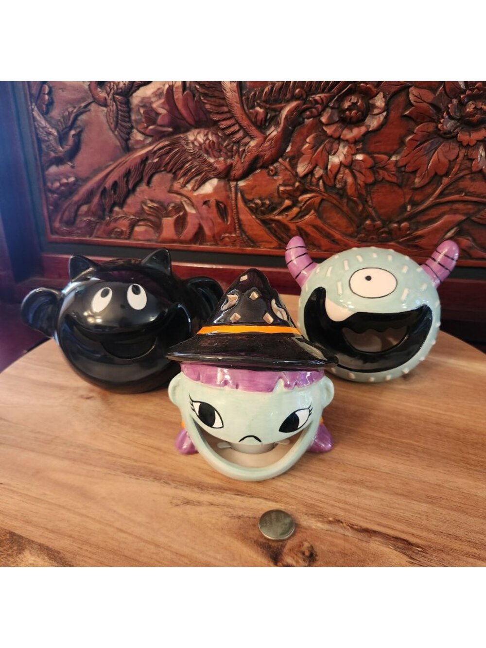 Set Of 3 Ceramic Halloween Tealight Holders - Witch Cat & Monster Designs